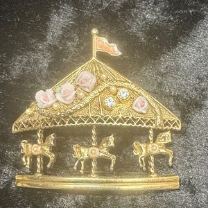 Gold Carousel Brooch with Pink Accents